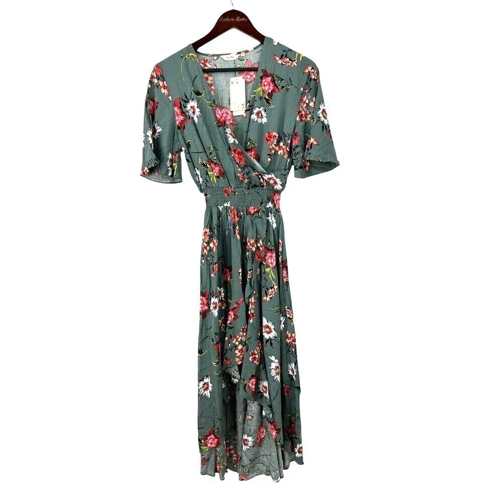 New KorMei Women M Maxi Dress Blue V Neck Short Sleeve Floral High Low Flowy R - Picture 2 of 13